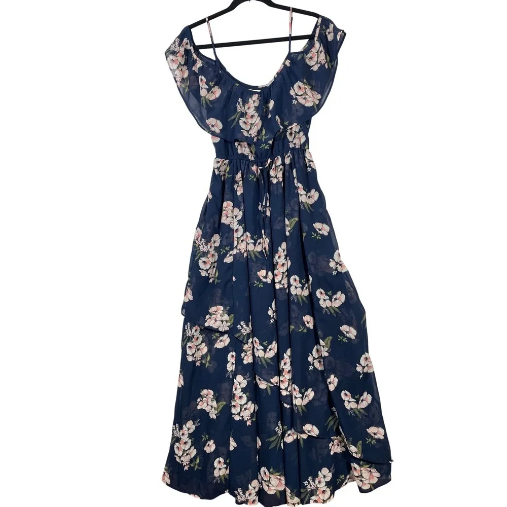 Abercrombie Fitch Women‎ Dress Size M Navy Floral Cold Shoulder Ruffle Maxi Wrap